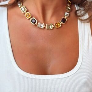 White Fox Elegant Gold and Multicolor Gemstone Necklace